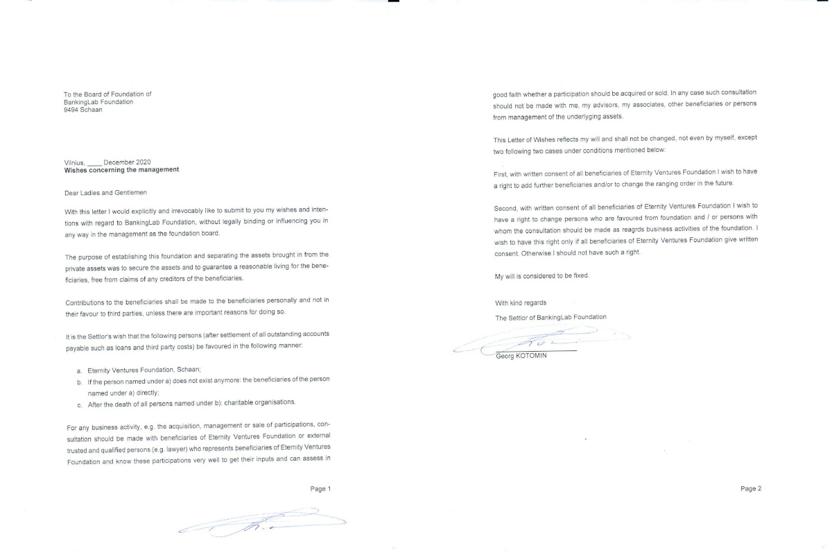 Georg Kotomin valios pareiškimas (angl. <em>letter of wishes</em>) skirtas „BankingLab Foundation“ fondo valdytojams.
