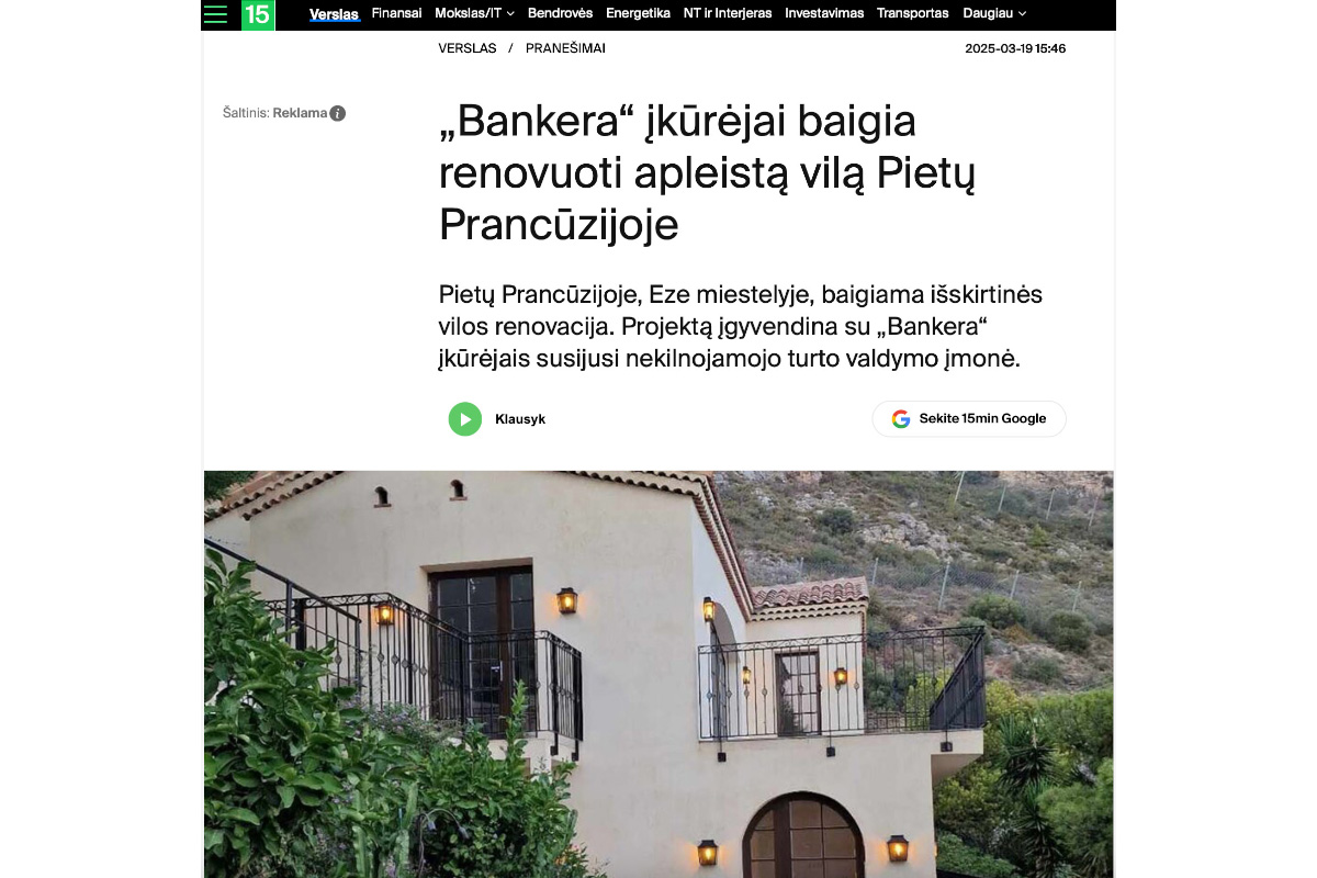 Pranešimas spaudai spausdintas „15min“ portale apie NT projektą Prancūzijoje.